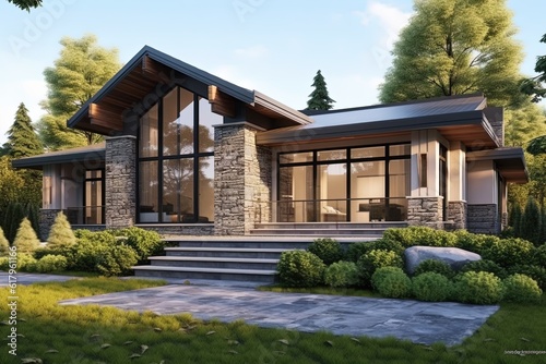 Discover an Exclusive New Development House with Innovative Styling, Double Garage, and Natural Stone Elements complemented by Coral Siding, generative AI