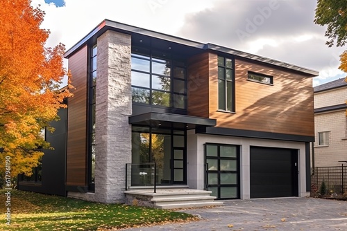 Innovative Styling Meets Natural Stone and Bronze Siding in a Double Garage Exclusive Development House  generative AI