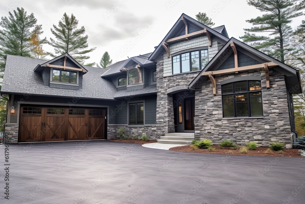 Sophisticated New Construction Property with Natural Stone Pillars and Three-Car Garage Adorned with Gray Siding, generative AI Sophisticated New Construction Property with Natural Stone Pillars and Three-Car Garage Adorned with Gray Siding, generative AI