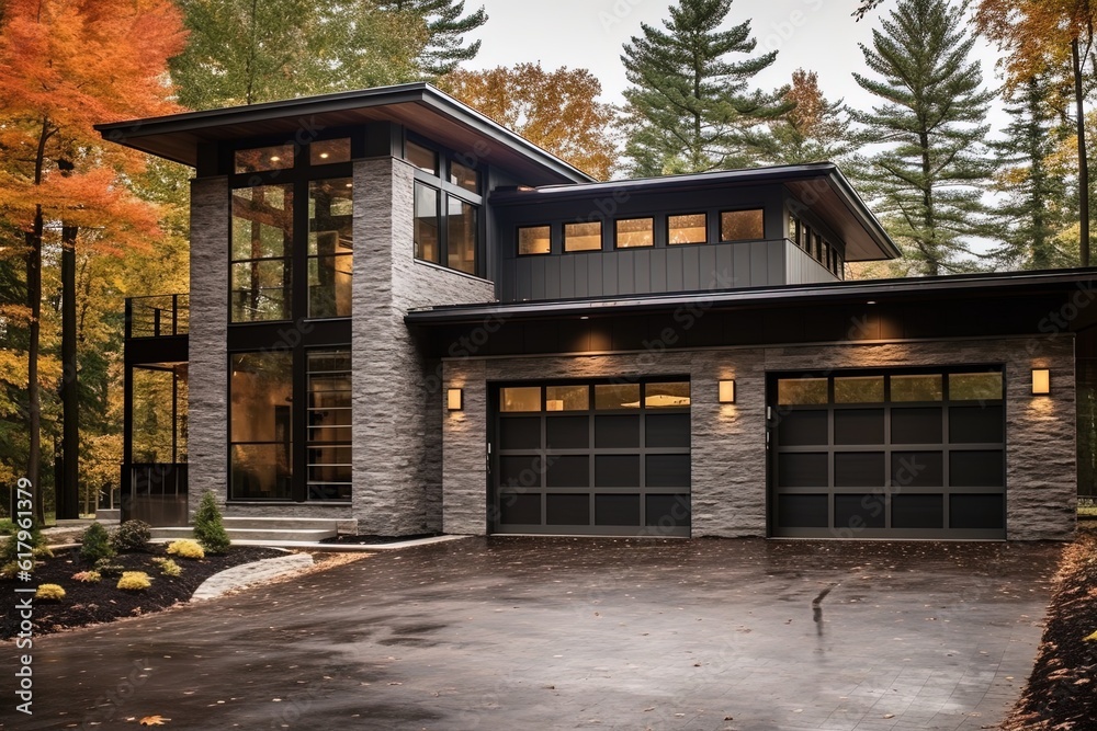 Bronze Siding and Natural Stone Accents Complement the Sleek Architecture of a Newly Constructed Extravagant Residence with a Three-Car Garage, generative AI Bronze Siding and Natural Stone Accents Complement the Sleek Architecture of a Newly Constructed Extravagant Residence with a Three-Car Garage, generative AI