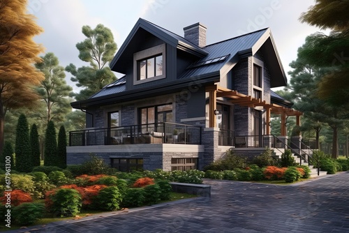 Innovative Styling and Natural Stone Accents: Explore an Exclusive New Development House with a Double Garage and Dark Blue Siding, generative AI