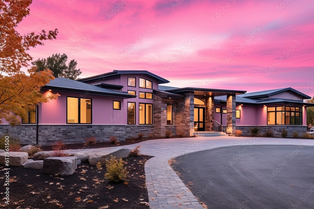Sleek Architecture meets Natural Stone Accents in Extravagant Three-Car Garage Residence with Pink Siding, generative AI