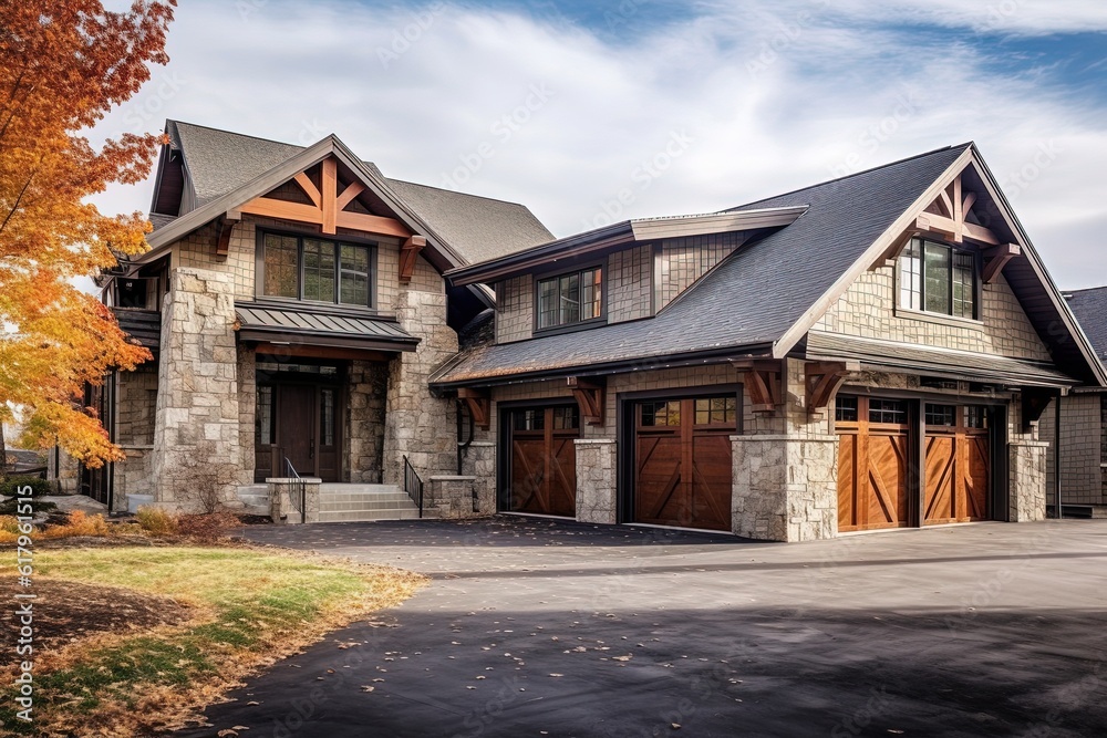Sleek Architecture and Natural Stone Accents Highlight the Extravagance of this Recently Constructed Residence with Three-Car Garage and Green Siding, generative AI Sleek Architecture and Natural Stone Accents Highlight the Extravagance of this Recently Constructed Residence with Three-Car Garage and Green Siding, generative AI