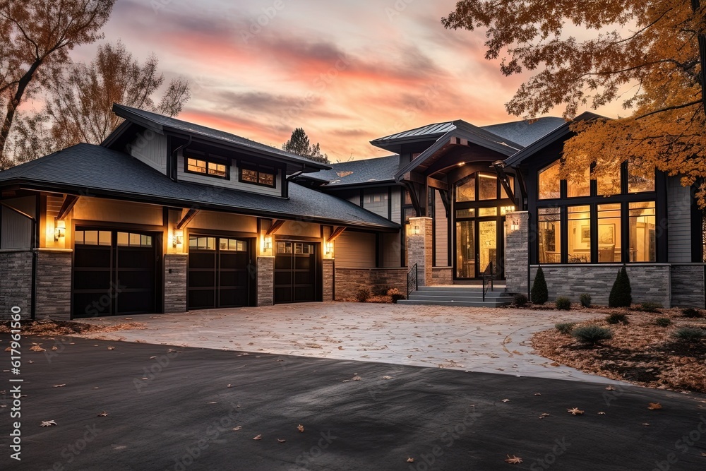 Stylish and Spacious: A Newly Built Home With Sleek Architecture, a Three-Car Garage, Mint Green Siding, and Natural Stone Accents, generative AI