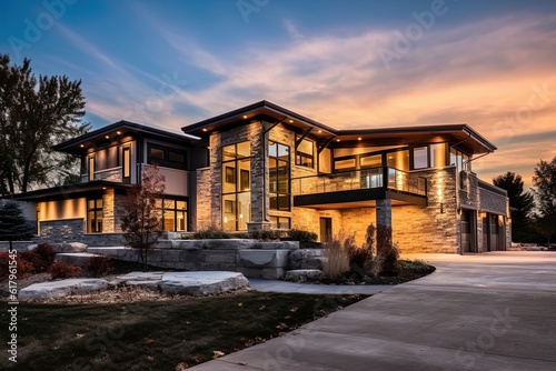 Sleek Architecture & Natural Stone Accents Highlight Recently Built Extravagant Residence with Three-Car Garage and Green Siding, generative AI