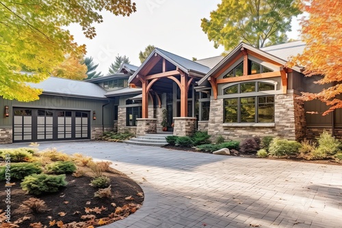 Sleek Architecture Meets Extravagance: Three-Car Garage, Mint Green Siding and Natural Stone Accents in a Newly Constructed Residence, generative AI