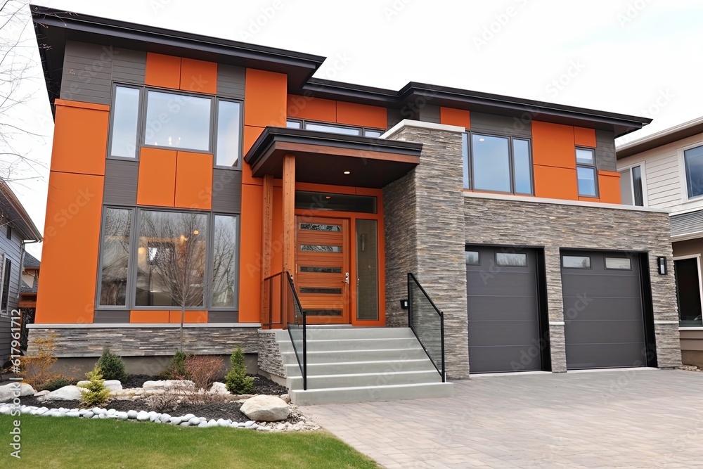 Modernist Style Grand Brand New House with Double Garage and Orange Siding, Featuring Natural Stone Embellishments, generative AI