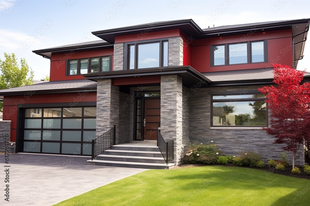 Grand Brand New House: Modernist Style with Double Garage, Red Siding, and Natural Stone Embellishments, generative AI Grand Brand New House: Modernist Style with Double Garage, Red Siding, and Natural Stone Embellishments, generative AI