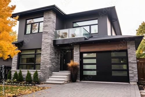Modernist Style Double Garage with Dark Gray Siding and Natural Stone Embellishments in a Grand Brand New House, generative AI