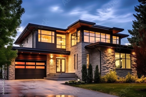 Modernist Style Grand New House: Double Garage, Bronze Siding & Natural Stone Embellishments, generative AI © Michael