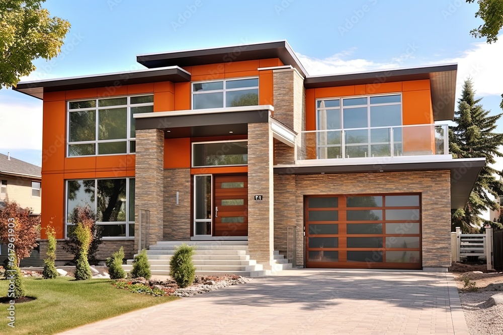 Modernist Style Grand Brand New House with Double Garage, Orange Siding, and Natural Stone Embellishments, generative AI