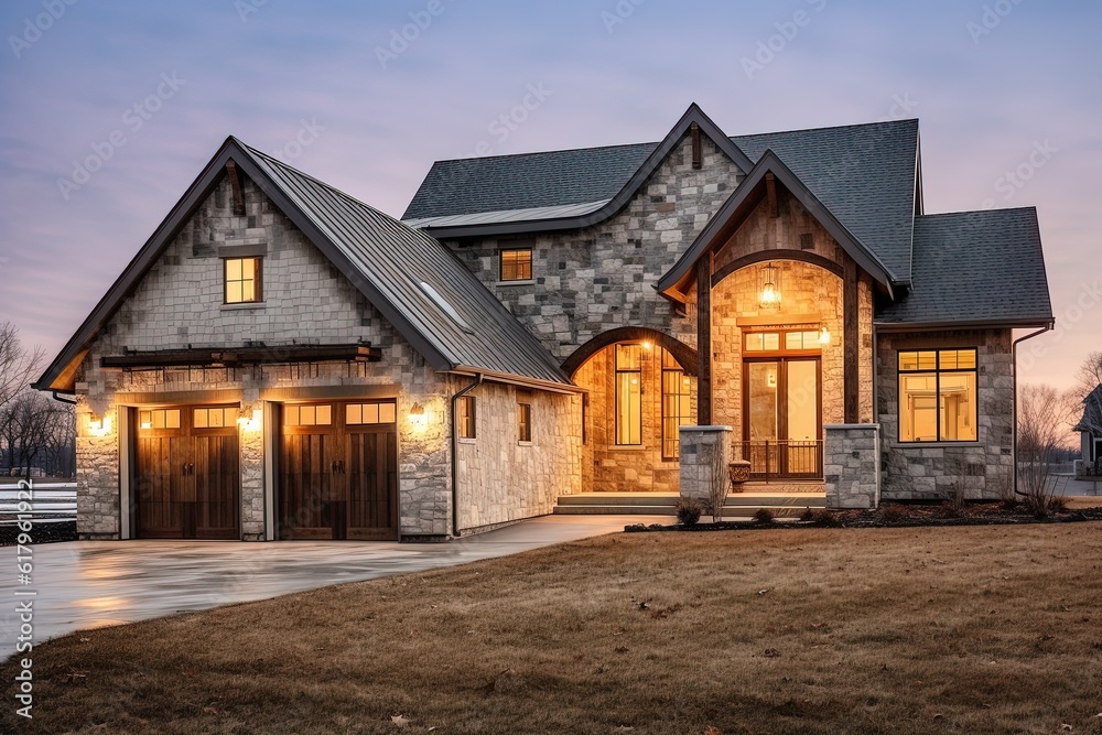 Lavish New Construction Dwelling: Innovative Design with Three-Car Garage, Light Green Siding, and Natural Stone Details, generative AI Lavish New Construction Dwelling: Innovative Design with Three-Car Garage, Light Green Siding, and Natural Stone Details, generative AI