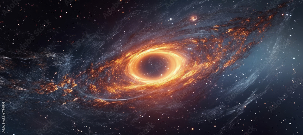 Obraz premium Celestial Vortex: An awe-inspiring view of a black hole, showcasing swirling cosmic dust and luminous energy against the backdrop of the star-filled universe.