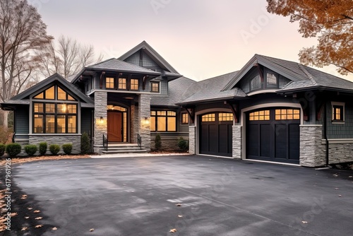 Three-Car Garage and Innovative Design: Explore a Lavish New Construction Dwelling with Mint Green Siding and Natural Stone Details, generative AI