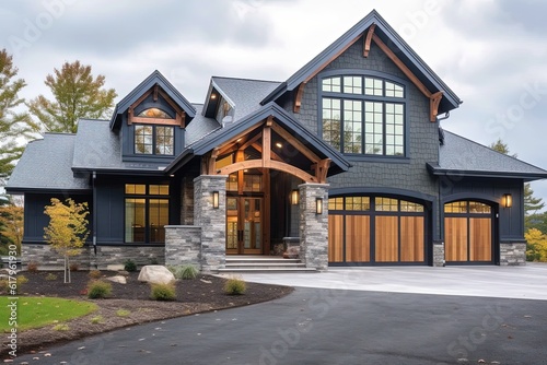 Three-Car Garage and Innovative Design Define New Construction Dwelling with Lavish Features: Dark Blue Siding and Natural Stone Details, generative AI