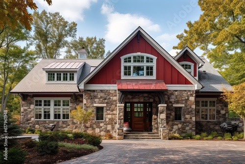 Red Siding Retreat: Lavish New Construction Dwelling with Innovative Design, Natural Stone Details, and Three-Car Garage, generative AI © Michael