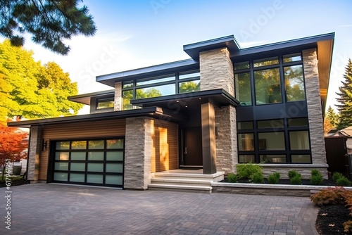 Modernist Style Grand Brand New House with Double Garage, Green Siding, and Natural Stone Embellishments, generative AI