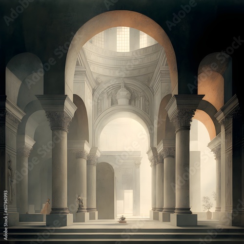 an architectural illustration in Baroque Architecture style not photorealistic not symmetrical in collage art interior palace space with domelike ceilings and rows of pillars walls and doorways 