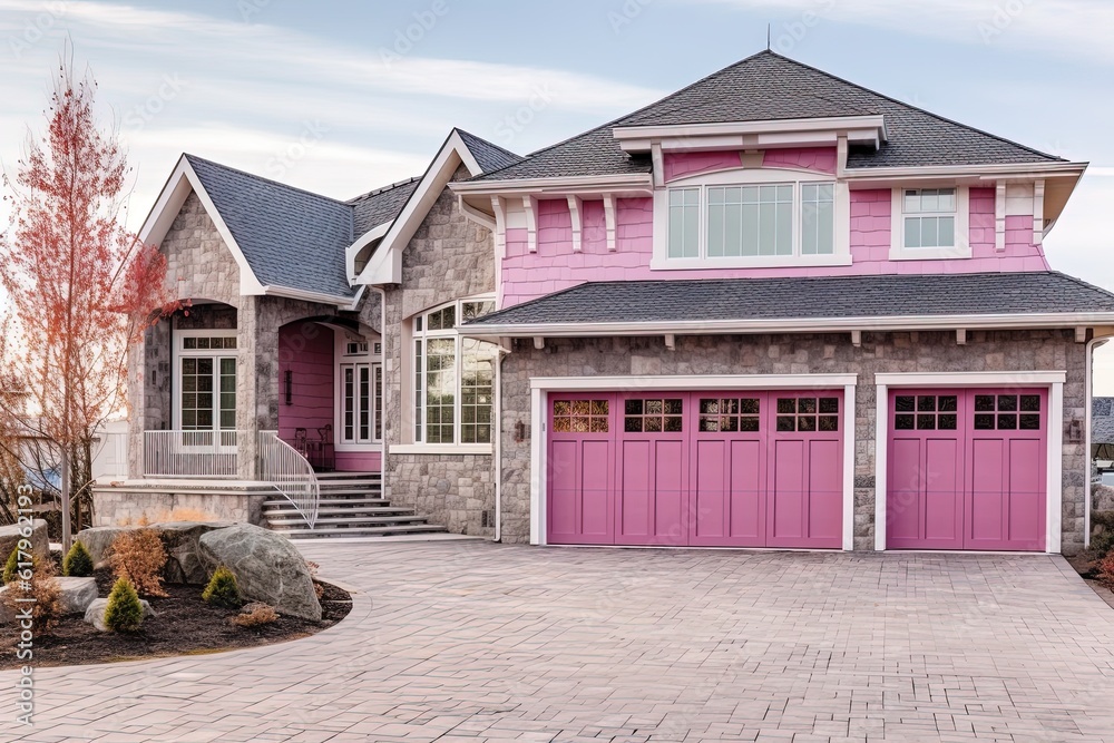 Three-Car Garage & Lavish Design: A Sophisticated New Construction Dwelling with Pink Siding and Natural Stone Details, generative AI Three-Car Garage & Lavish Design: A Sophisticated New Construction Dwelling with Pink Siding and Natural Stone Details, generative AI