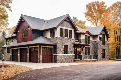 Innovative Design Meets Lavish Luxury: A Three-Car Garage, Burgundy Siding, and Natural Stone Details Define This Exquisite New Construction Dwelling, generative AI