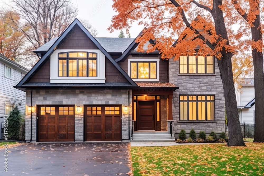 State-of-the-Art Layout & Magnificent Design: Freshly Built Home with Single Car Garage, Natural Stone Entrance, and Gray Siding, generative AI State-of-the-Art Layout & Magnificent Design: Freshly Built Home with Single Car Garage, Natural Stone Entrance, and Gray Siding, generative AI