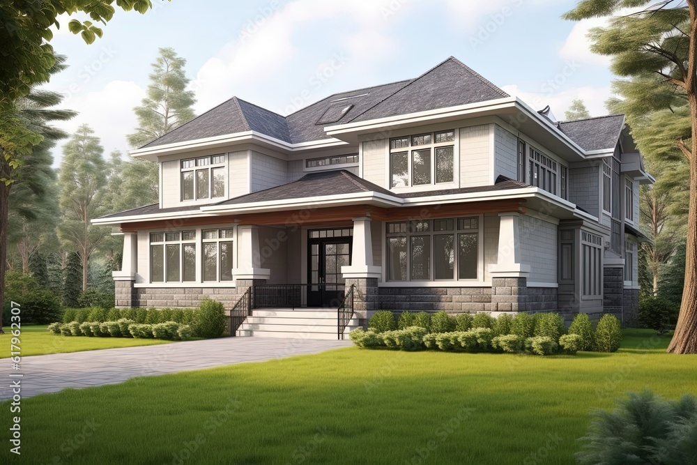 State-of-the-art Layout, Green Siding, Natural Stone: Magnificent Freshly Built Home with Single Car Garage, generative AI State-of-the-art Layout, Green Siding, Natural Stone: Magnificent Freshly Built Home with Single Car Garage, generative AI