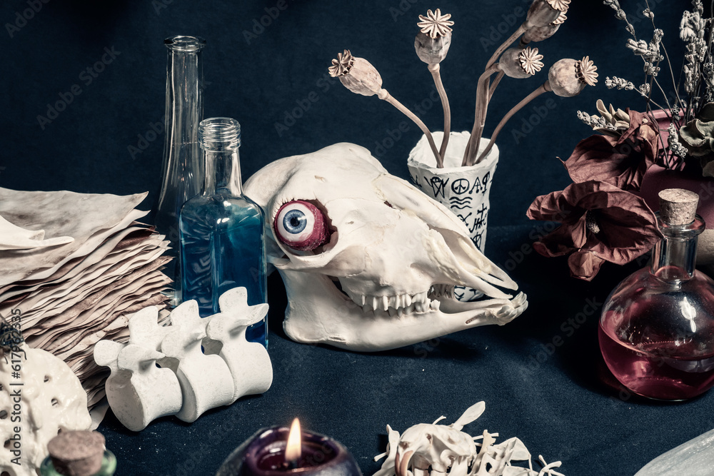 Naklejka premium Witchcraft magic ritual goat skull surrounded with spell items and tools. Witch craft magic skull, candles, ritual vials, animal bones and weeds. Alchemy and esoteric magik cult background.