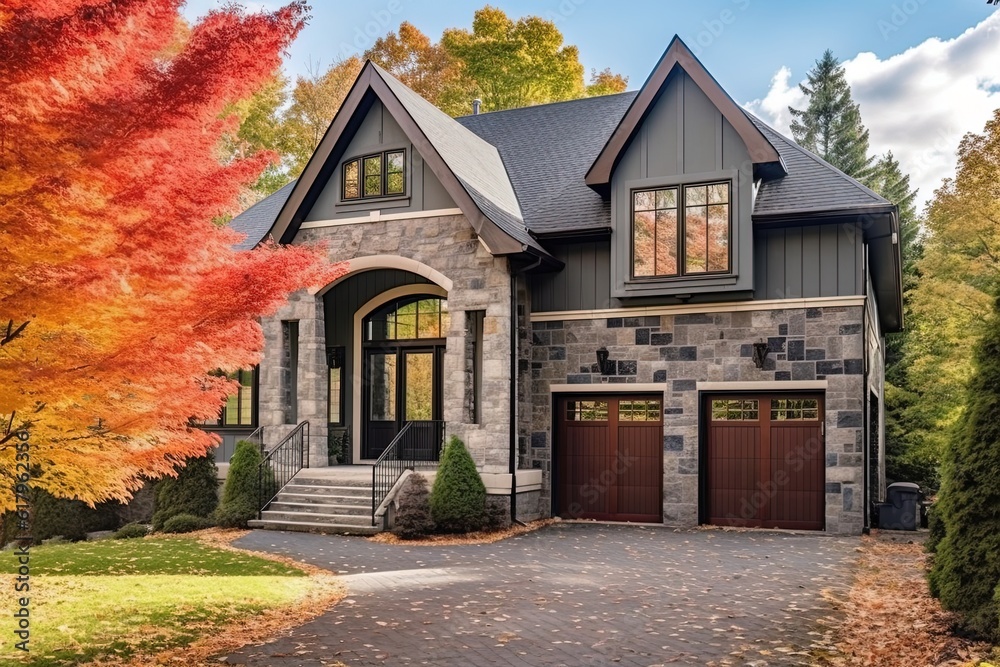 State-of-the-Art Layout and Green Siding: Magnificent Freshly Built Home with Single Car Garage and Natural Stone Entrance, generative AI State-of-the-Art Layout and Green Siding: Magnificent Freshly Built Home with Single Car Garage and Natural Stone Entrance, generative AI