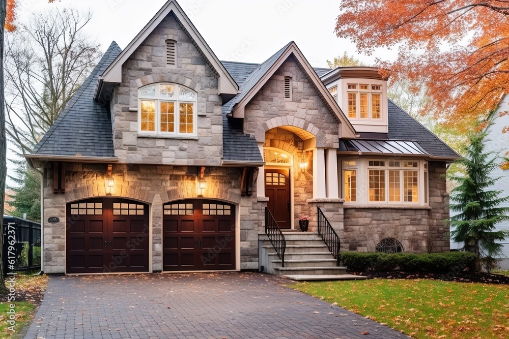 State-of-the-art Layout Drives the Magnificence of this Freshly Built Home with Single Car Garage and Beige Siding, Complete with a Natural Stone Entrance, generative AI State-of-the-art Layout Drives the Magnificence of this Freshly Built Home with Single Car Garage and Beige Siding, Complete with a Natural Stone Entrance, generative AI