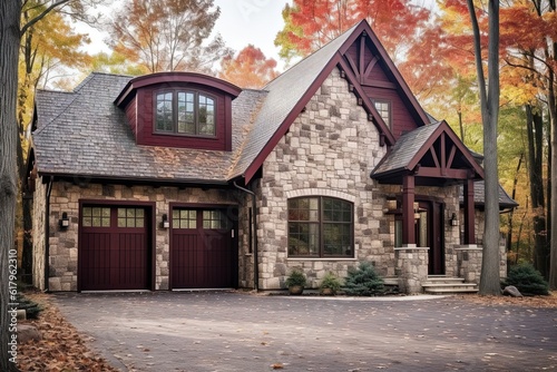 Innovative Design: Lavish New Construction Dwelling with Three-Car Garage, Burgundy Siding, and Natural Stone Details, generative AI