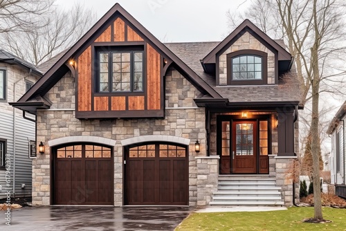 State-of-the-art Layout & Natural Stone Entrance: Magnificent Freshly Built Home with Single Car Garage & Brown Siding, generative AI