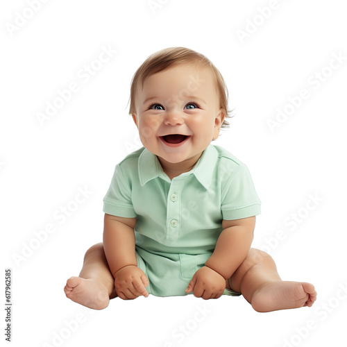 Cute Caucasian baby boy smiles and giggles over isolated transparent background