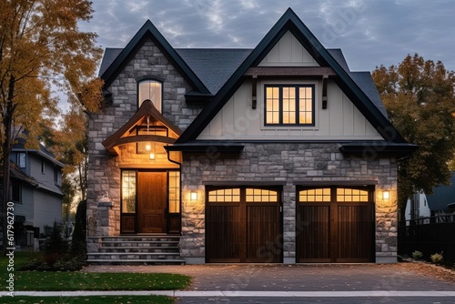 Modern Aesthetic: Majestic Newly Built Dwelling with Two-Car Garage, Light Green Siding, and Natural Stone Walls, generative AI