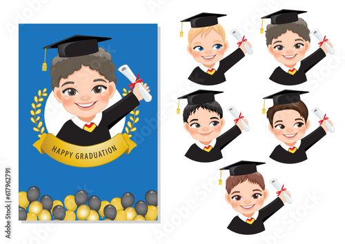 Set of boys holding diploma in academic gown for graduation day, Happy boy cartoon character for graduation day card template vector