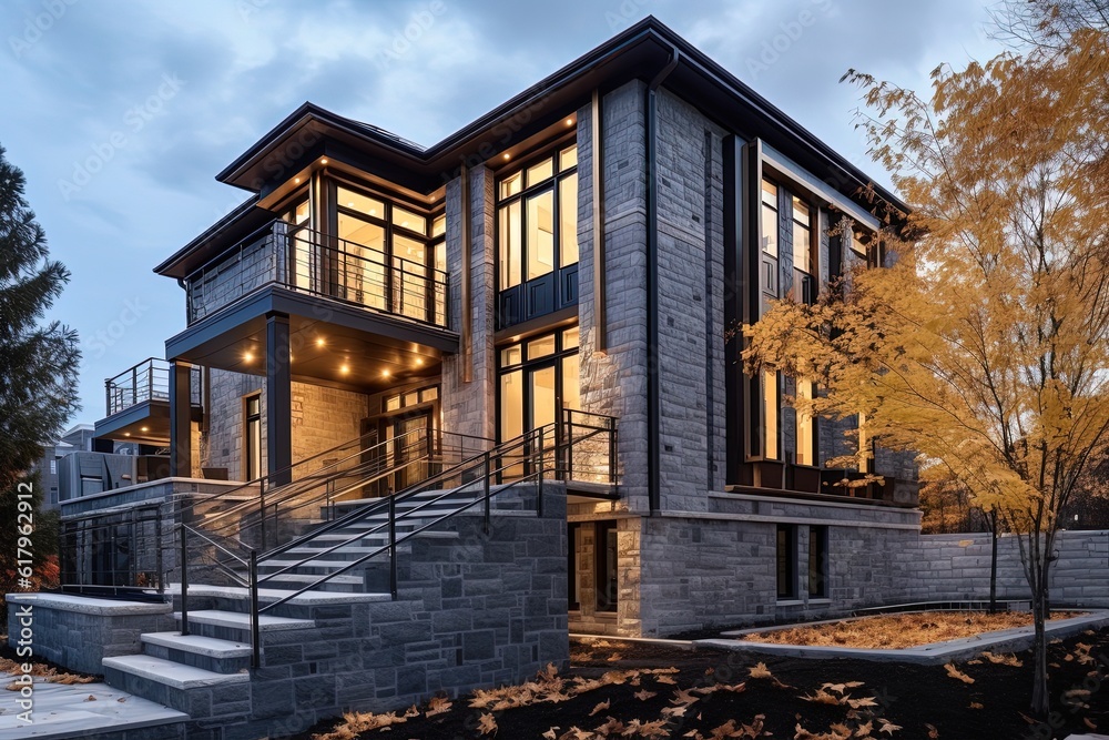 Cutting-Edge Design Shines at Opulent New Property with Two-Car Garage and Dark Blue Siding, Featuring a Natural Stone Staircase, generative AI