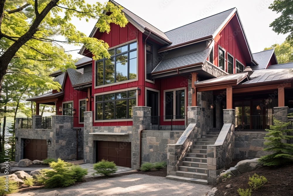 Opulent New Property with Cutting-Edge Design: Two-Car Garage, Stunning Red Siding, and a Natural Stone Staircase, generative AI