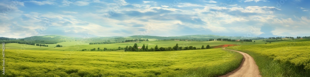An illustration, the landscape of grass fields and blue sky, website header,ai generative.