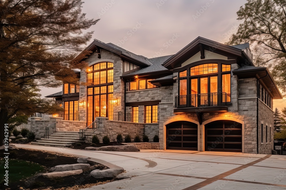 Cutting-Edge Design: Opulent New Property with Two-Car Garage, Light Green Siding, and Natural Stone Staircase, generative AI Cutting-Edge Design: Opulent New Property with Two-Car Garage, Light Green Siding, and Natural Stone Staircase, generative AI