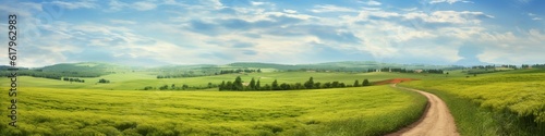 An illustration  the landscape of grass fields and blue sky  website header ai generative.