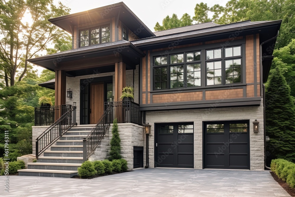 Luxury Living: Opulent New Property with Cutting-Edge Design, Two-Car Garage, Bronze Siding, and Natural Stone Staircase, generative AI