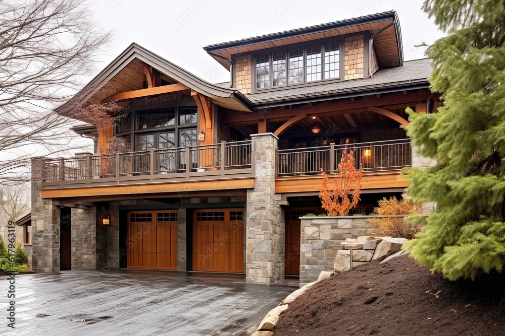 Cutting-Edge Opulence: A Two-Car Garage and Orange Siding Enhance the Natural Stone Staircase in this Unique Property, generative AI Cutting-Edge Opulence: A Two-Car Garage and Orange Siding Enhance the Natural Stone Staircase in this Unique Property, generative AI