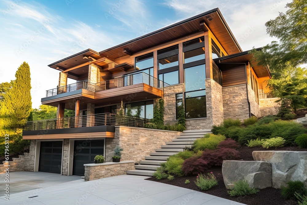 Opulent New Property with Cutting-Edge Design, Two-Car Garage, Coral Siding, and Natural Stone Staircase, generative AI