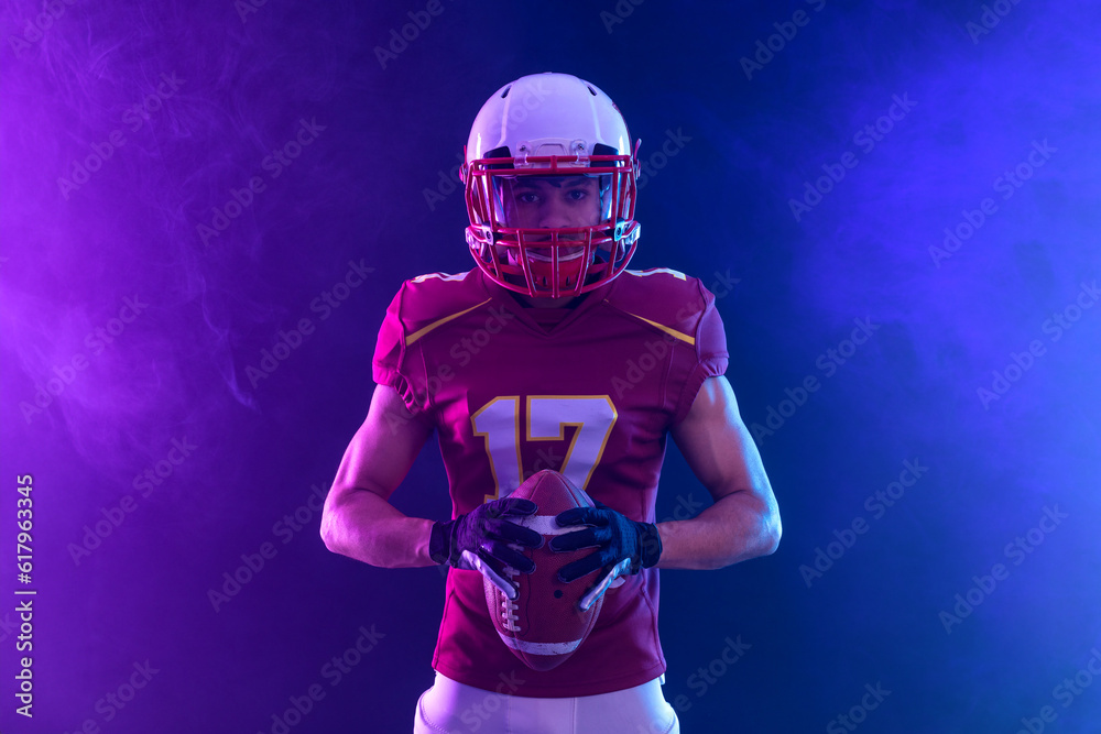 American football player banner with neon colors. Template for bookmaker ads with copy space. Mockup for betting advertisement. Sports betting, football betting, gambling, bookmaker, big win
