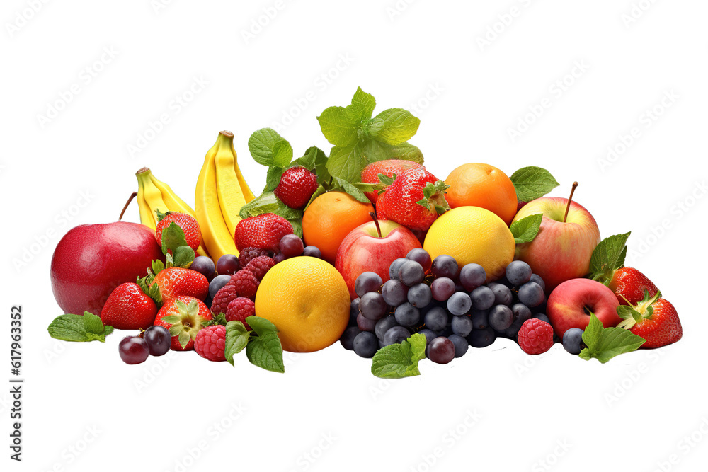Fresh colorful bunch of fruit over white transparent background Fresh colorful bunch of fruit over white transparent background