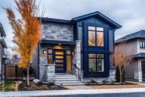 Contemporary Features & Natural Stone Facade: Refined Brand New Home with Single Car Garage & Dark Blue Siding, generative AI