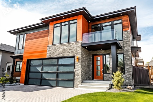 Contemporary Features in a Refined Brand New Home: Orange Siding, Natural Stone Facade, and Single Car Garage, generative AI