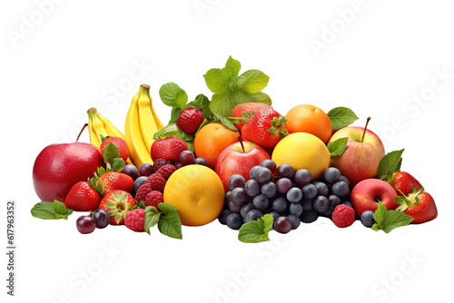 Fresh colorful bunch of fruit over white transparent background