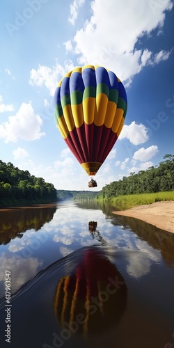 hot air balloon over lakem generative ai photo
