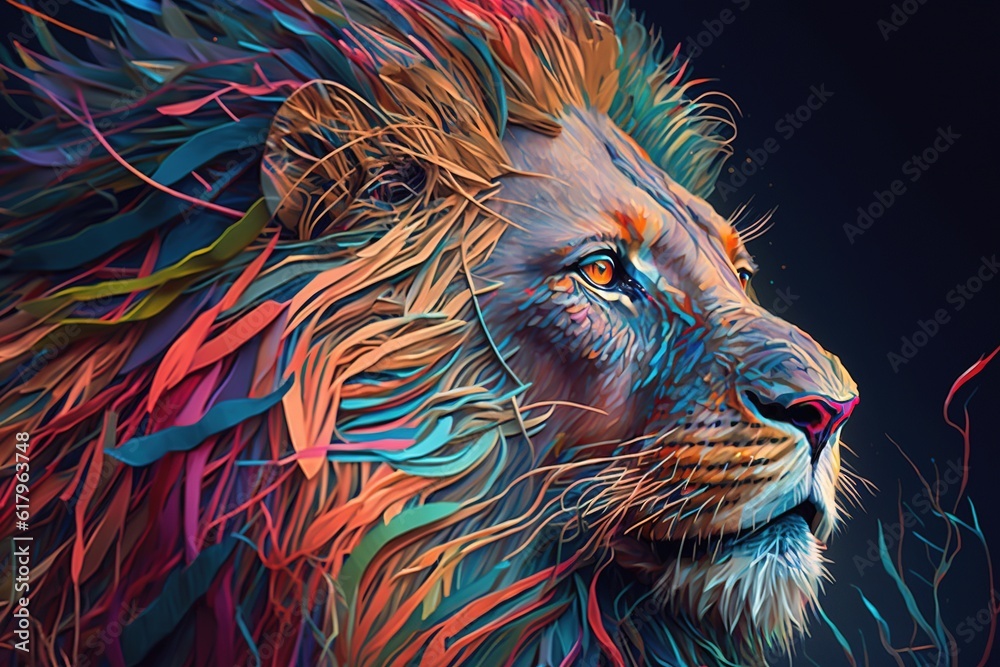 close up of a colorful lion, frame of a beautiful lion, generative ai