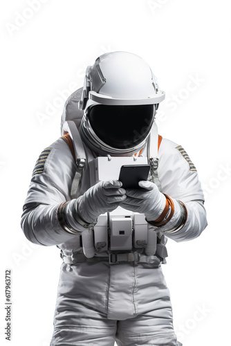 Astronaut using smartphone over white transparent background